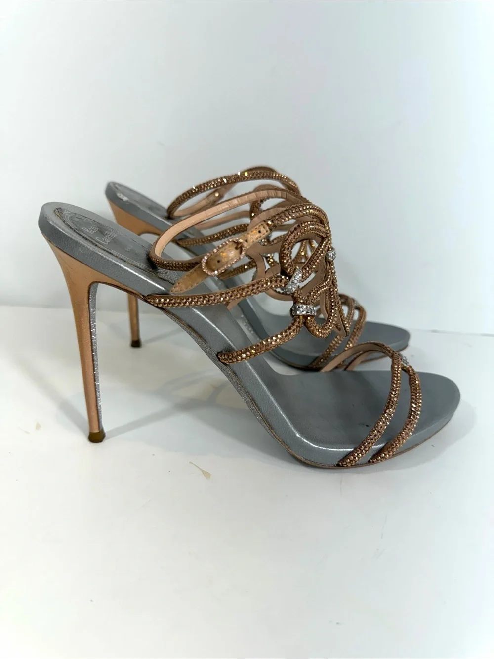 René Caovilla Crystal Butterfly Sandals 40.5 Rose Gold Gray Stiletto Heels Made